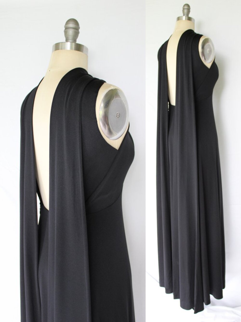 Vintage Luis Estevez Maxi Hostess Dress 70s black cape drape Studio 54 disco